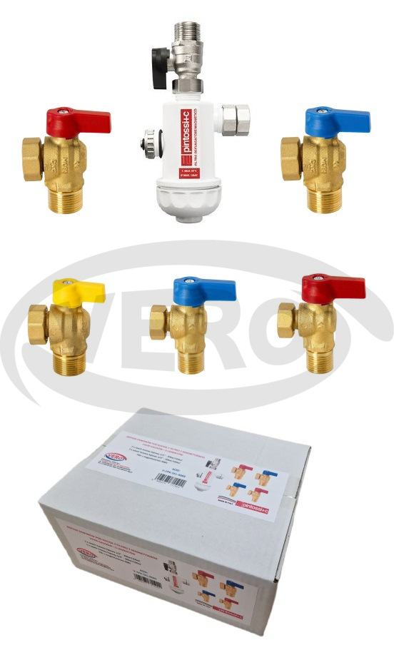 Zestaw zaworów kątowych: 6 elementowy 2 x Zawór 1/2" WODA + 2 x Zawór 3/4" WODA + Zawór Gazowy 3/4" GAZ + Filtr z Magnetyzerem 9085 (3/4")
