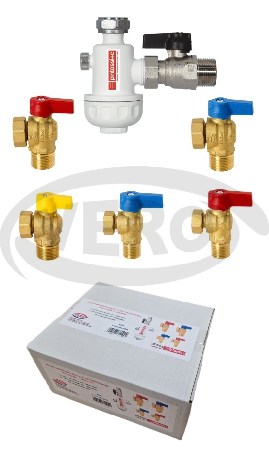 Zestaw zaworów kątowych 6 elementowy: 2 x Zawór 1/2" + 2 x Zawór 3/4" + Zawór Gazowy 3/4"+ Filtr z Magnetyzerem MINI 9080